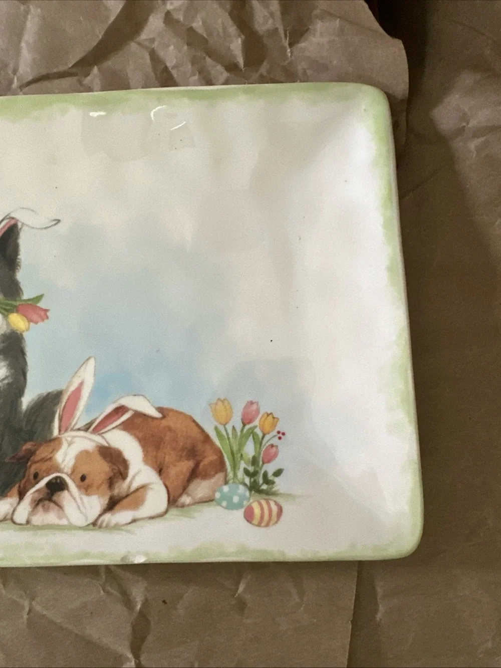 Pier 1 White Ceramic Pet Tray with Easter Puppy Illustration